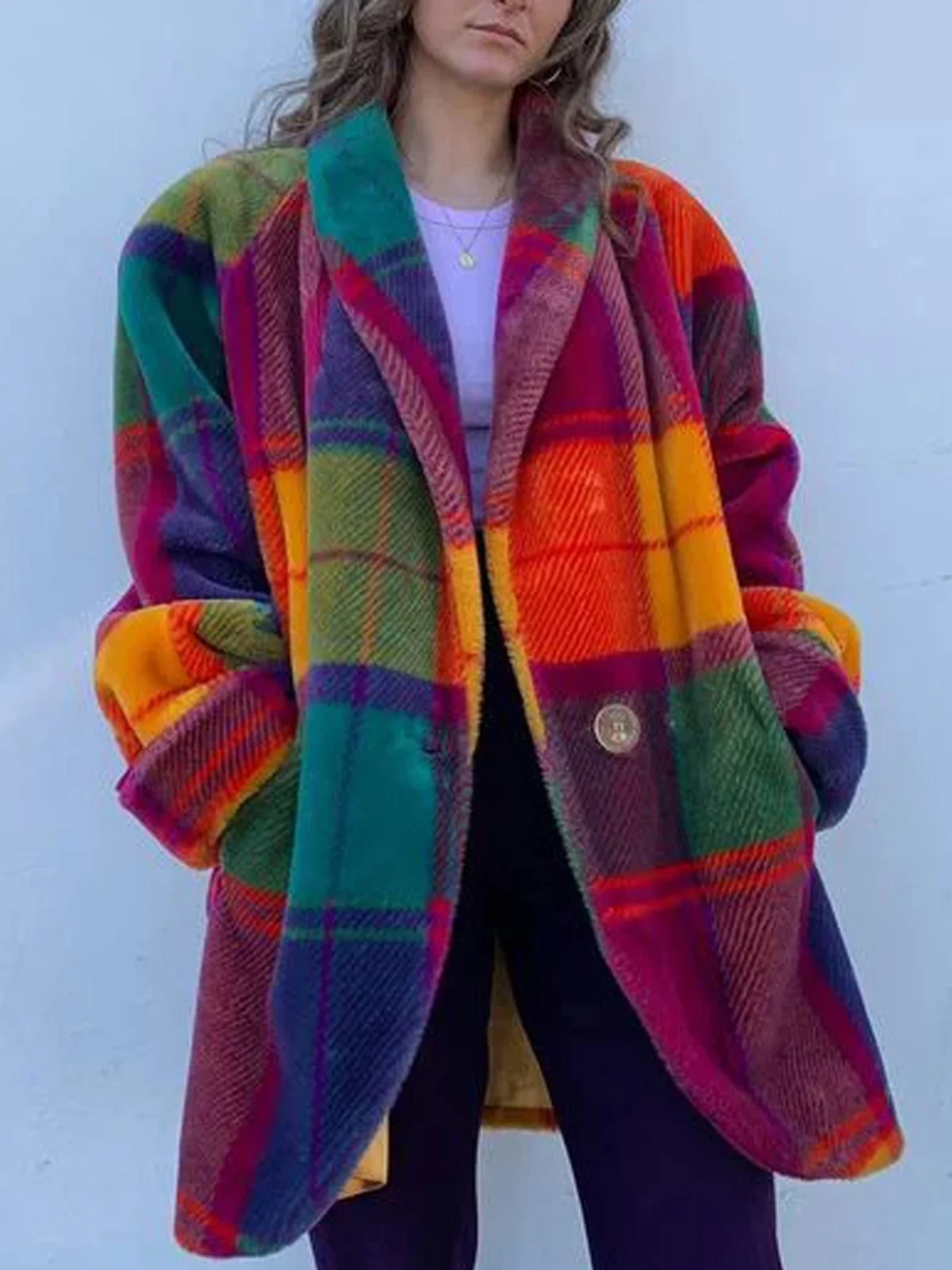 Women's Winter Outerwear Vintage Buttoned Plaid Mid-long Lapel Collar Overcoat