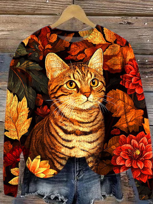 Women's Winter Cat Casual Long Sleeve Crew Neck Knitted Sweater