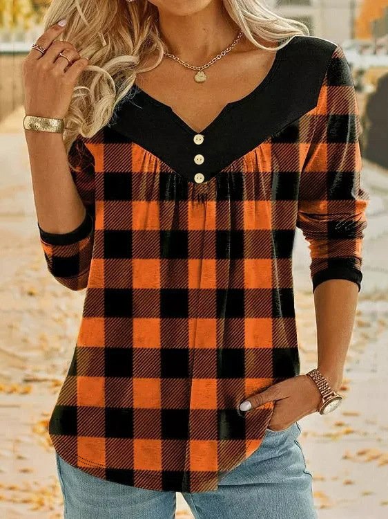 Women's Long Sleeve Blouse Spring/Fall Plaid Jersey Notched Daily Going Out Casual Top