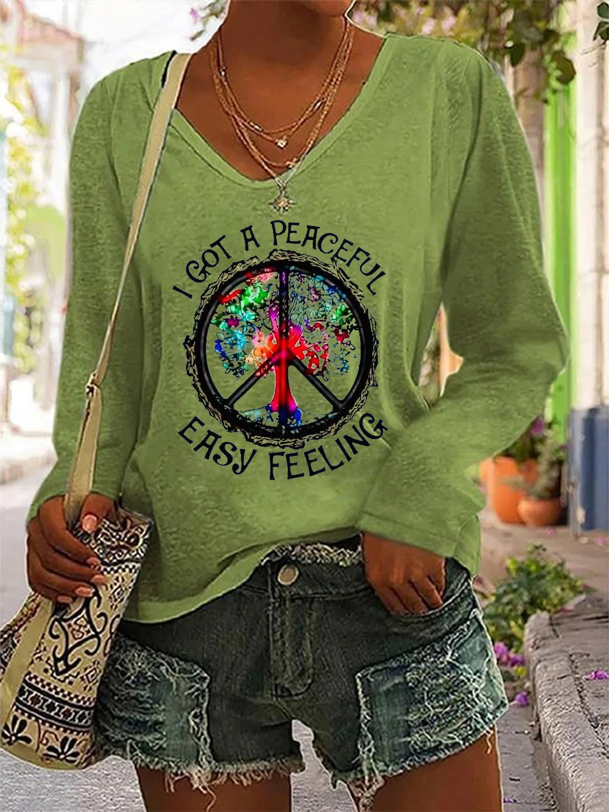 Women's Long Sleeve Tee T-shirt Spring/Fall Hippie V Neck Daily Going Out Casual Top