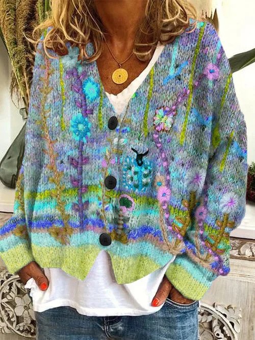 Women's Casual Winter Floral Yarn/Wool Yarn Cardigan