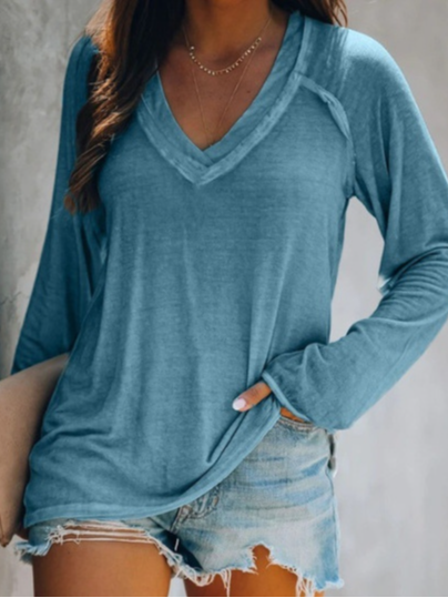 Women's Long Sleeve Blouse Spring/Fall Plain Zipper Jersey V Neck Daily Going Out Casual Top