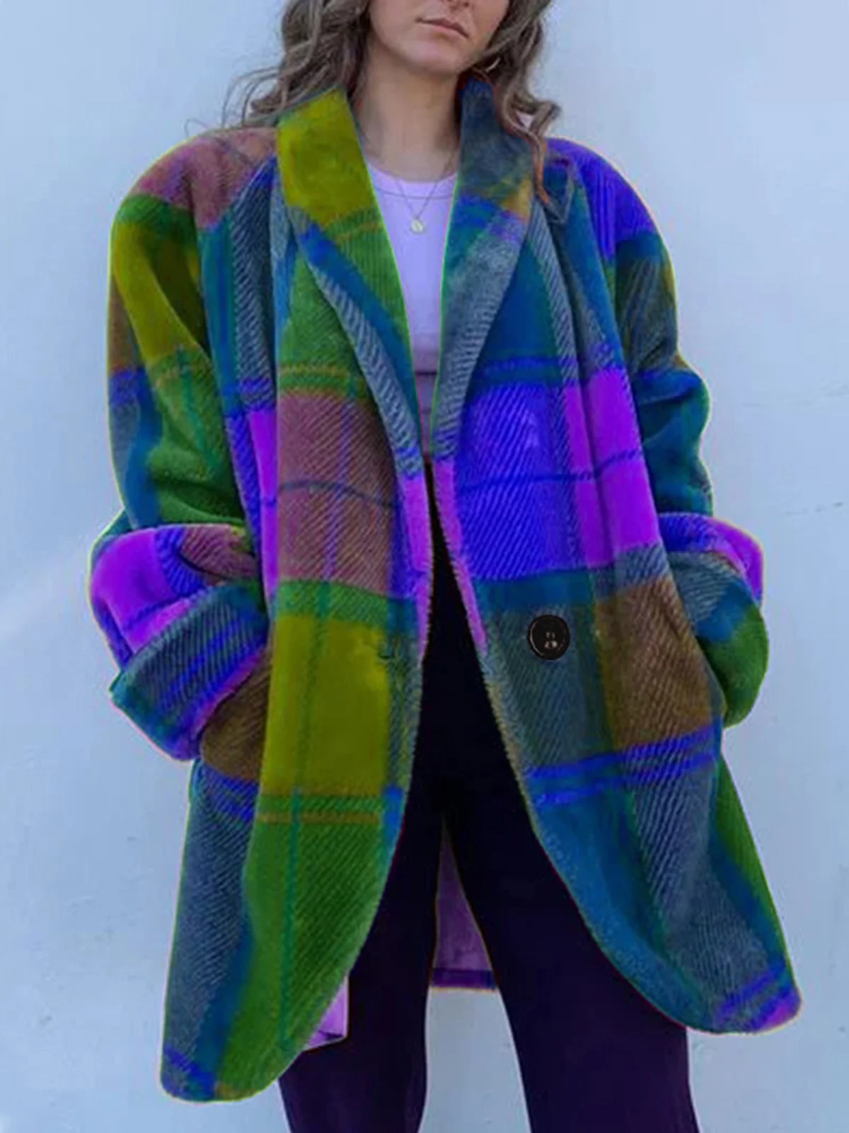 Women's Winter Outerwear Vintage Buttoned Plaid Mid-long Lapel Collar Overcoat