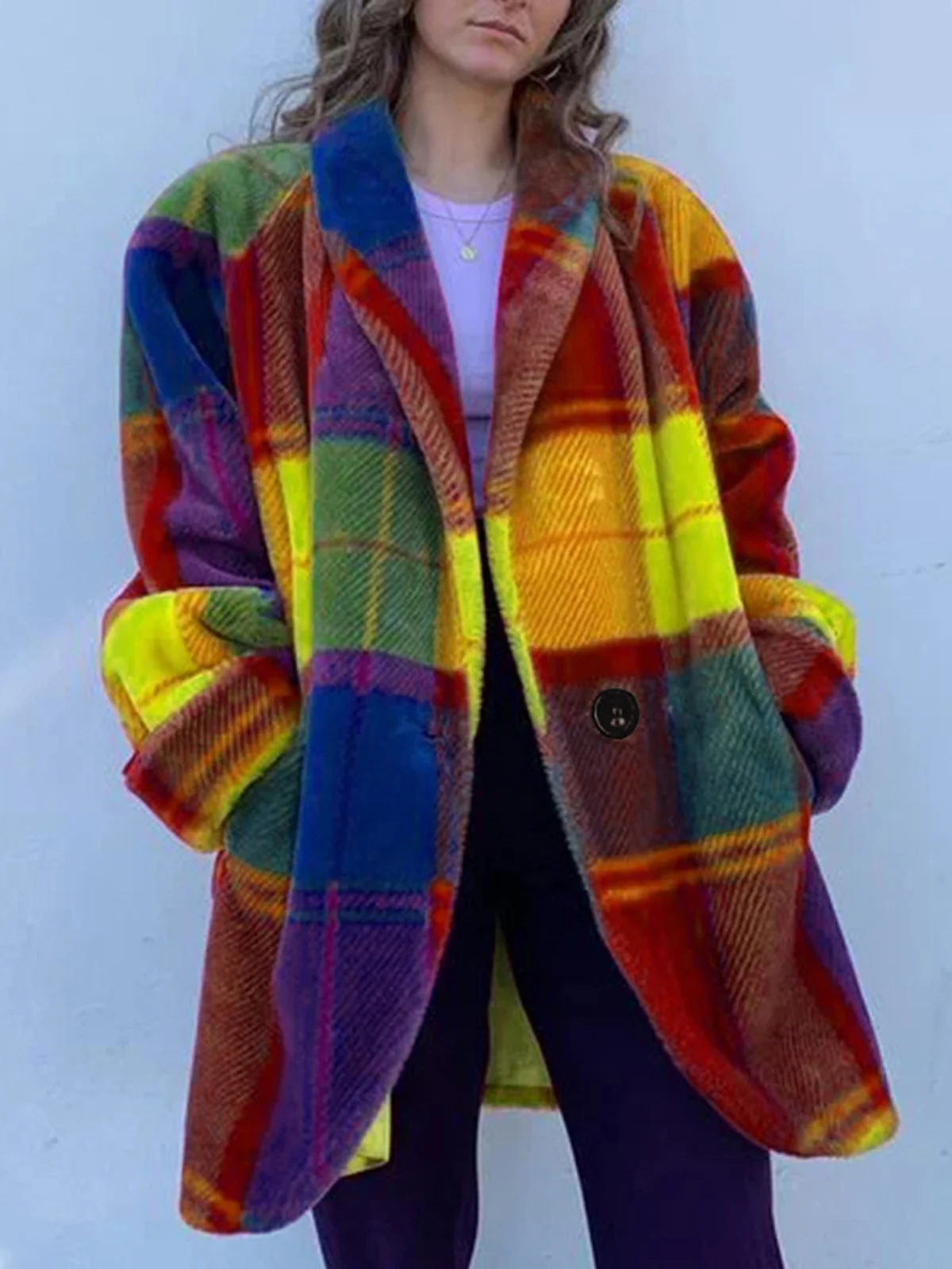 Women's Winter Outerwear Vintage Buttoned Plaid Mid-long Lapel Collar Overcoat