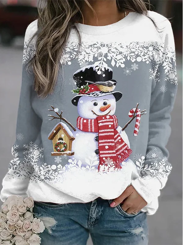 Women's Crew Neck Christmas Snowman Casual Spring/Fall Long Sleeve Sweatshirt