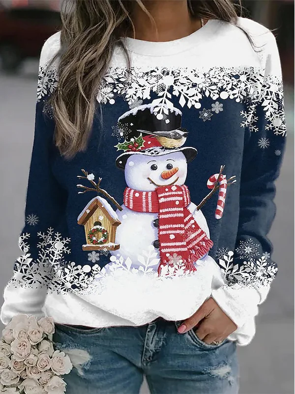 Women's Crew Neck Christmas Snowman Casual Spring/Fall Long Sleeve Sweatshirt