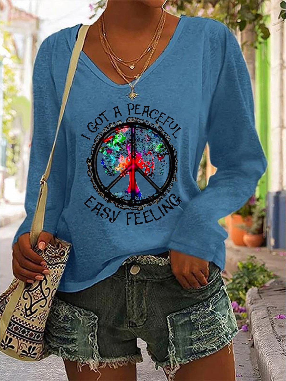 Women's Long Sleeve Tee T-shirt Spring/Fall Hippie V Neck Daily Going Out Casual Top