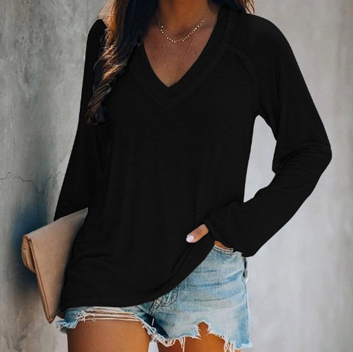 Women's Long Sleeve Blouse Spring/Fall Plain Zipper Jersey V Neck Daily Going Out Casual Top