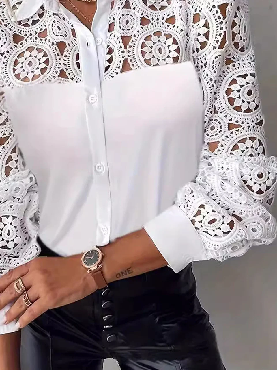 Women's Long Sleeve Shirt Spring/Fall Plain Lace Shirt Collar Daily Going Out Casual Top