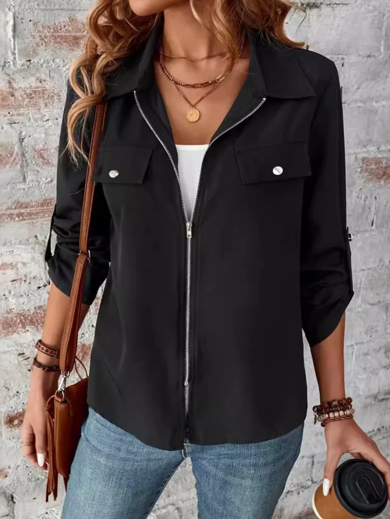 Women's Spring/Fall Outerwear Casual Zipper Plain Long Sleeve Shawl Collar Jacket