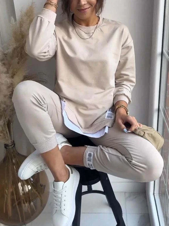 Women's Jersey Plain Daily Going Out Two Piece Set Long Sleeve Casual Spring/Fall Top With Pants Matching Set