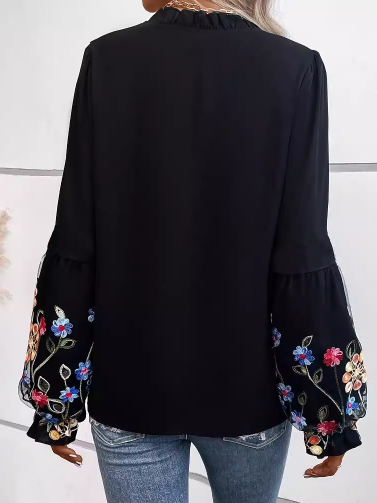 Women's Long Sleeve Blouse Spring/Fall Plain Embroidery V Neck Daily Going Out Casual Top