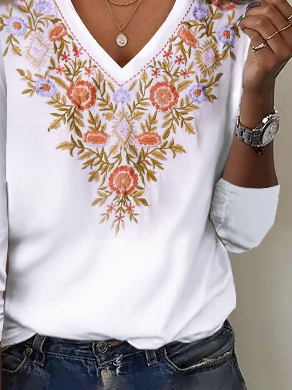 Women's Long Sleeve Tee T-shirt Spring/Fall Floral Jersey V Neck Daily Going Out Casual Top