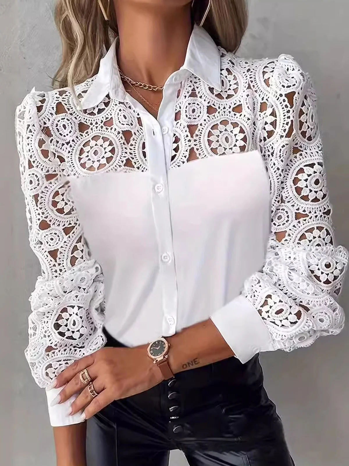 Women's Long Sleeve Shirt Spring/Fall Plain Lace Shirt Collar Daily Going Out Casual Top