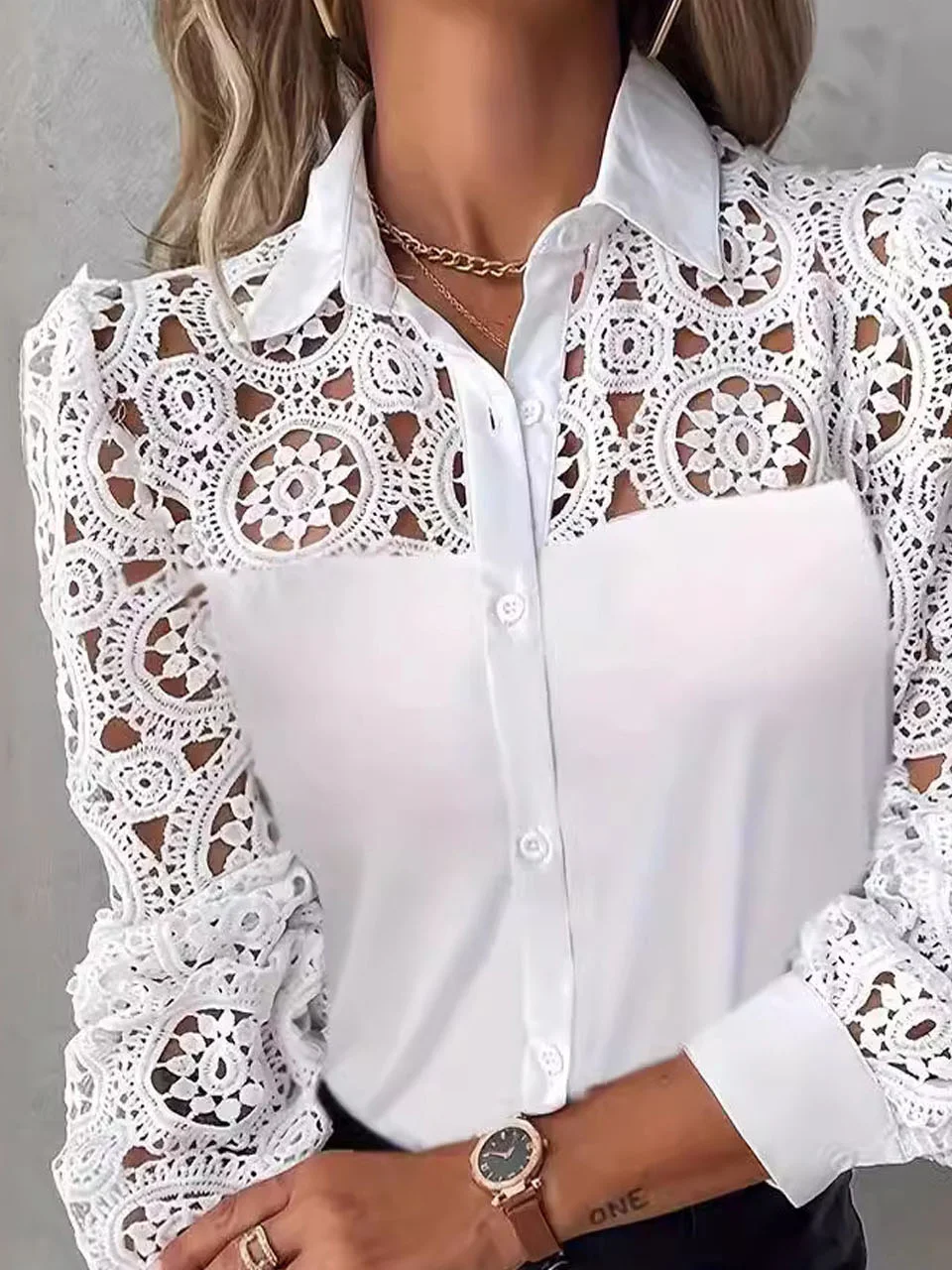 Women's Long Sleeve Shirt Spring/Fall Plain Lace Shirt Collar Daily Going Out Casual Top