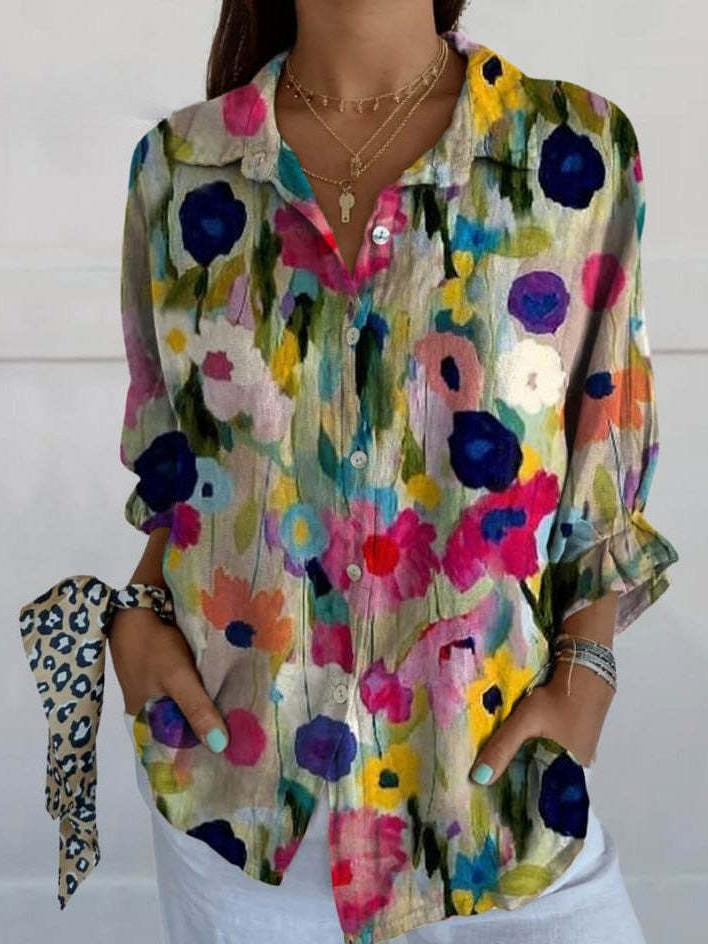 Women's Long Sleeve Shirt Spring/Fall Floral Shirt Collar Daily Going Out Casual Top