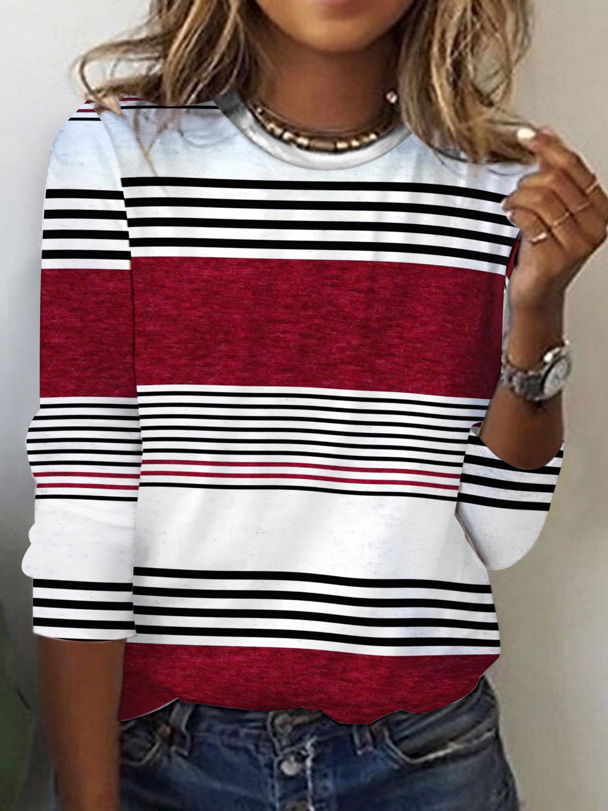 Women's Long Sleeve Tee T-shirt Spring/Fall Striped Printing Jersey Crew Neck Daily Going Out Vintage Top