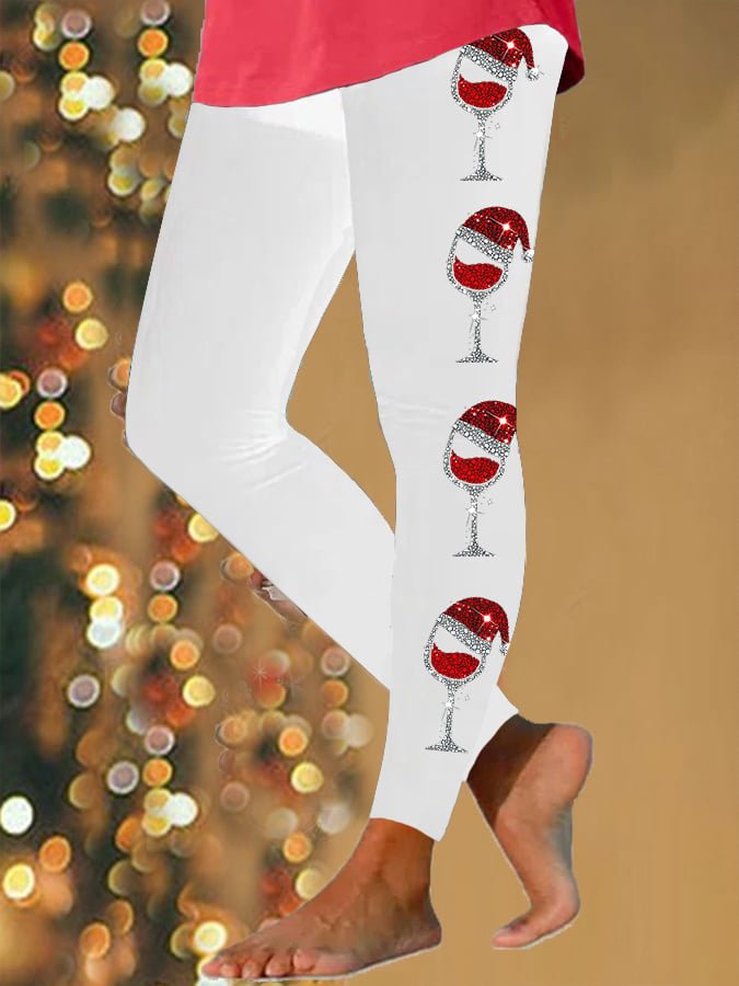 Women's Vintage Christmas Wine Glass Jersey All Season Printing Long Leggings