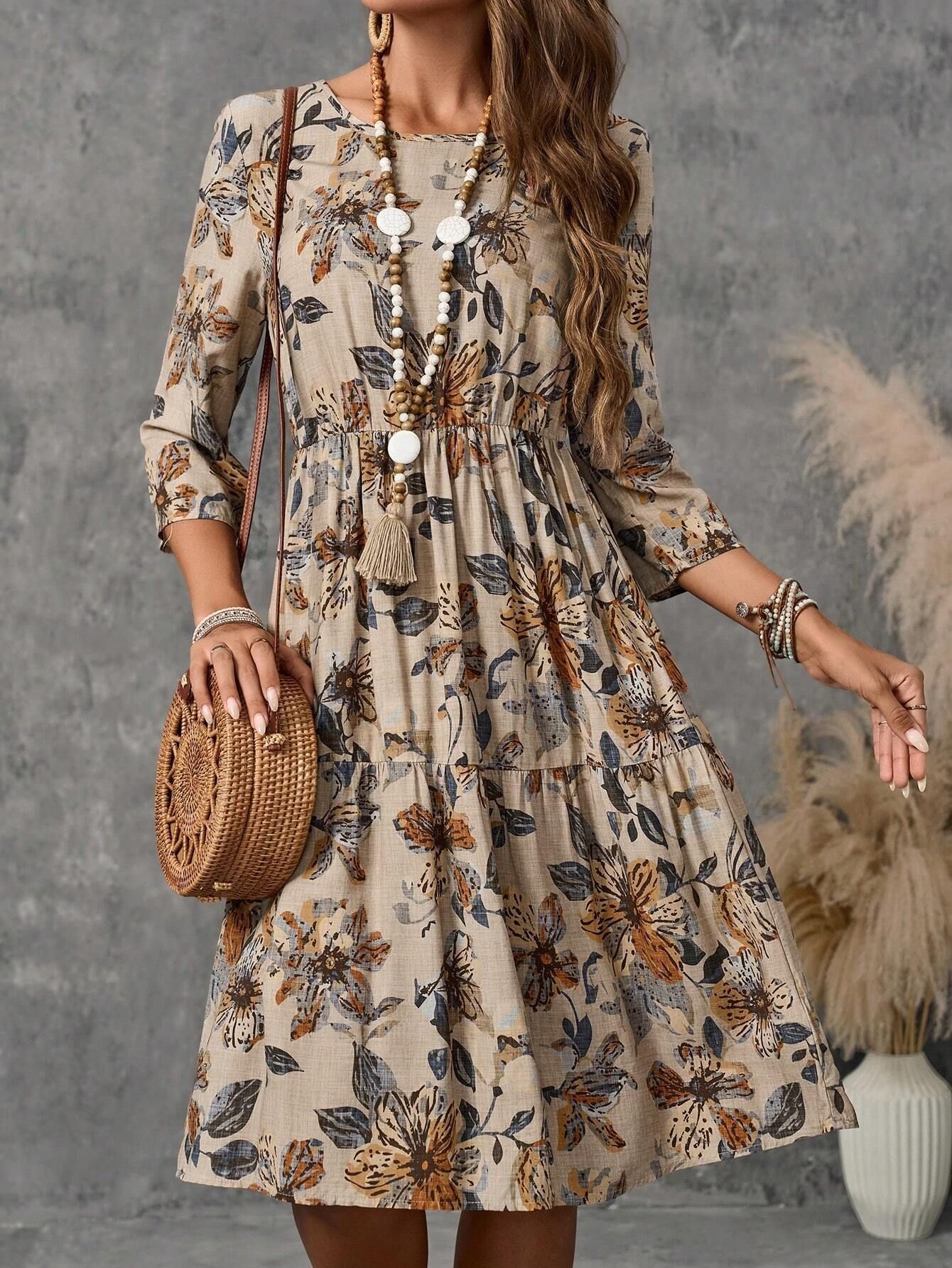 Women's Long Sleeve Spring/Fall Floral Dress Crew Neck Daily Going Out Casual Midi H-Line