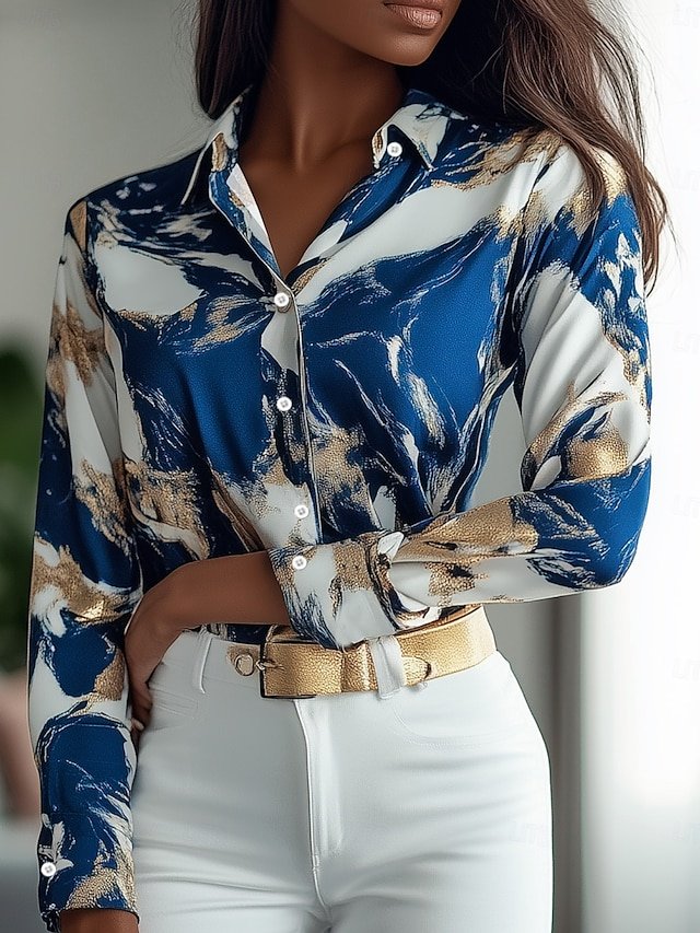 Women's Long Sleeve Shirt Spring/Fall Gradient Pattern Printing Shirt Collar Daily Going Out Casual Top