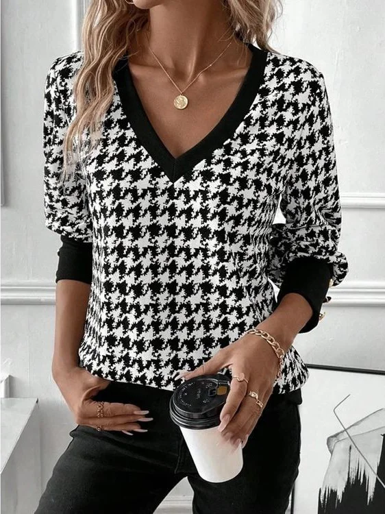 Women's V Neck Geometric Buckle Casual Spring/Fall Long Sleeve Sweatshirt