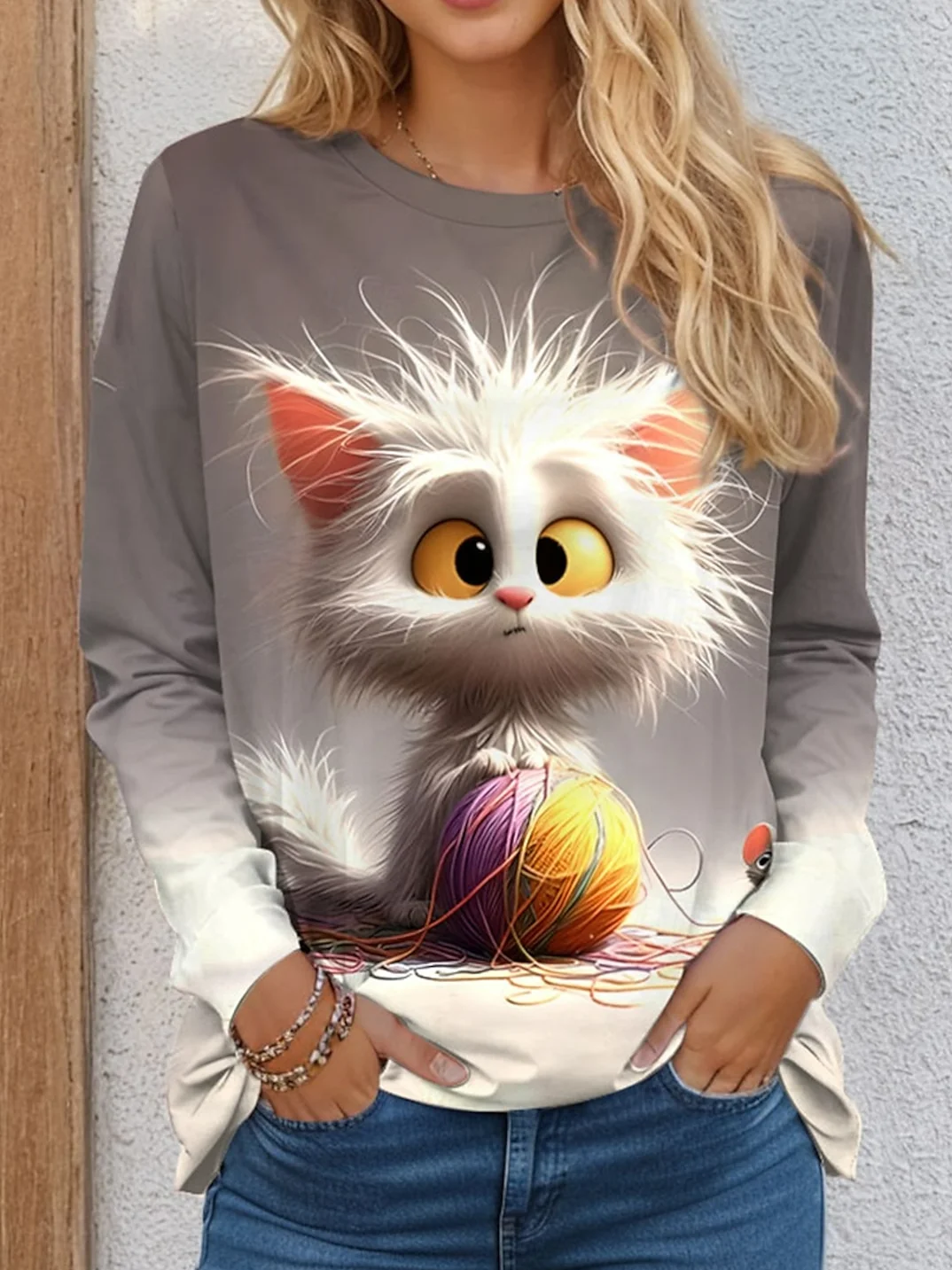 Women's Long Sleeve Tee T-shirt Spring/Fall Cat Printing Jersey Crew Neck Daily Going Out Vintage Top