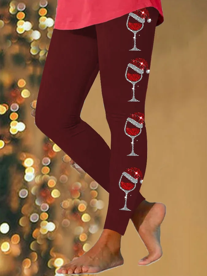 Women's Vintage Christmas Wine Glass Jersey All Season Printing Long Leggings