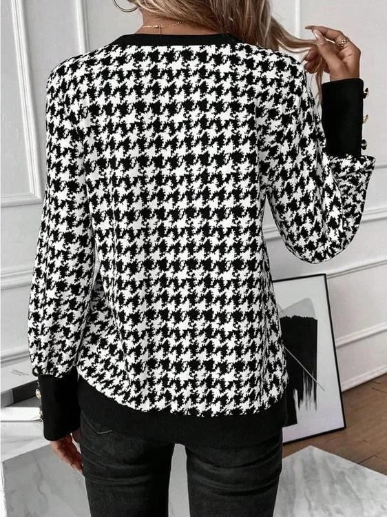 Women's V Neck Geometric Buckle Casual Spring/Fall Long Sleeve Sweatshirt