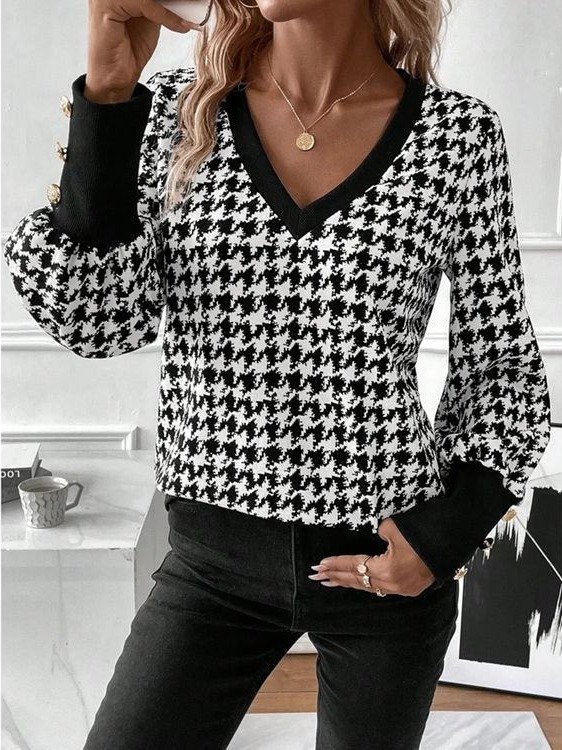 Women's V Neck Geometric Buckle Casual Spring/Fall Long Sleeve Sweatshirt