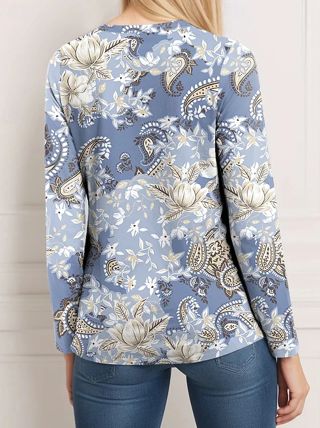 Women's Long Sleeve Blouse Spring/Fall Floral V Neck Daily Going Out Casual Top