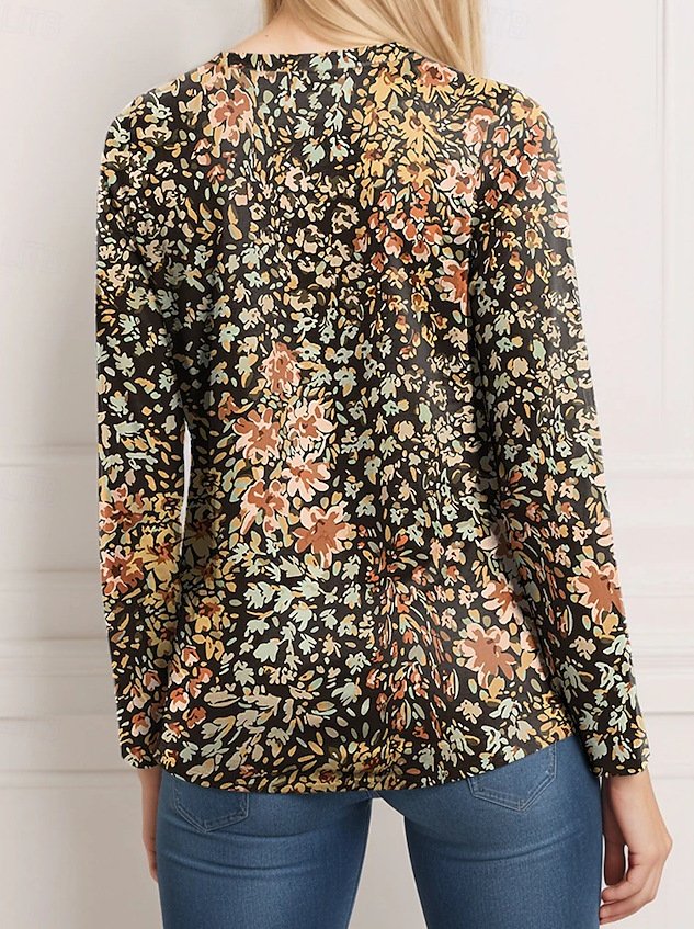 Women's Long Sleeve Blouse Spring/Fall Floral V Neck Daily Going Out Casual Top