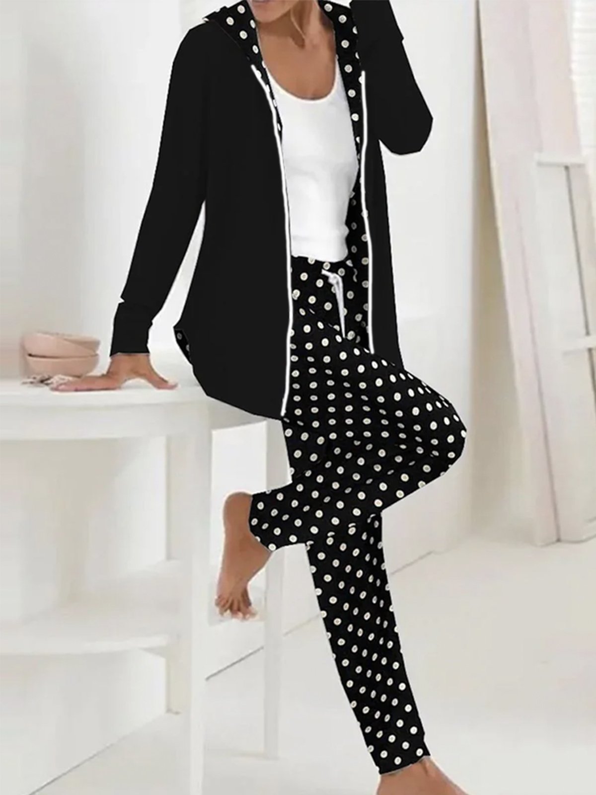 Women's Polka Dots Daily Going Out Two Piece Set Long Sleeve Casual Spring/Fall Coat With Pants Matching Set