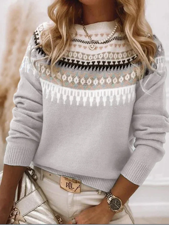 Women's Spring/Fall Ethnic Geometry Casual Long Sleeve Crew Neck Wool/Knitting Sweater