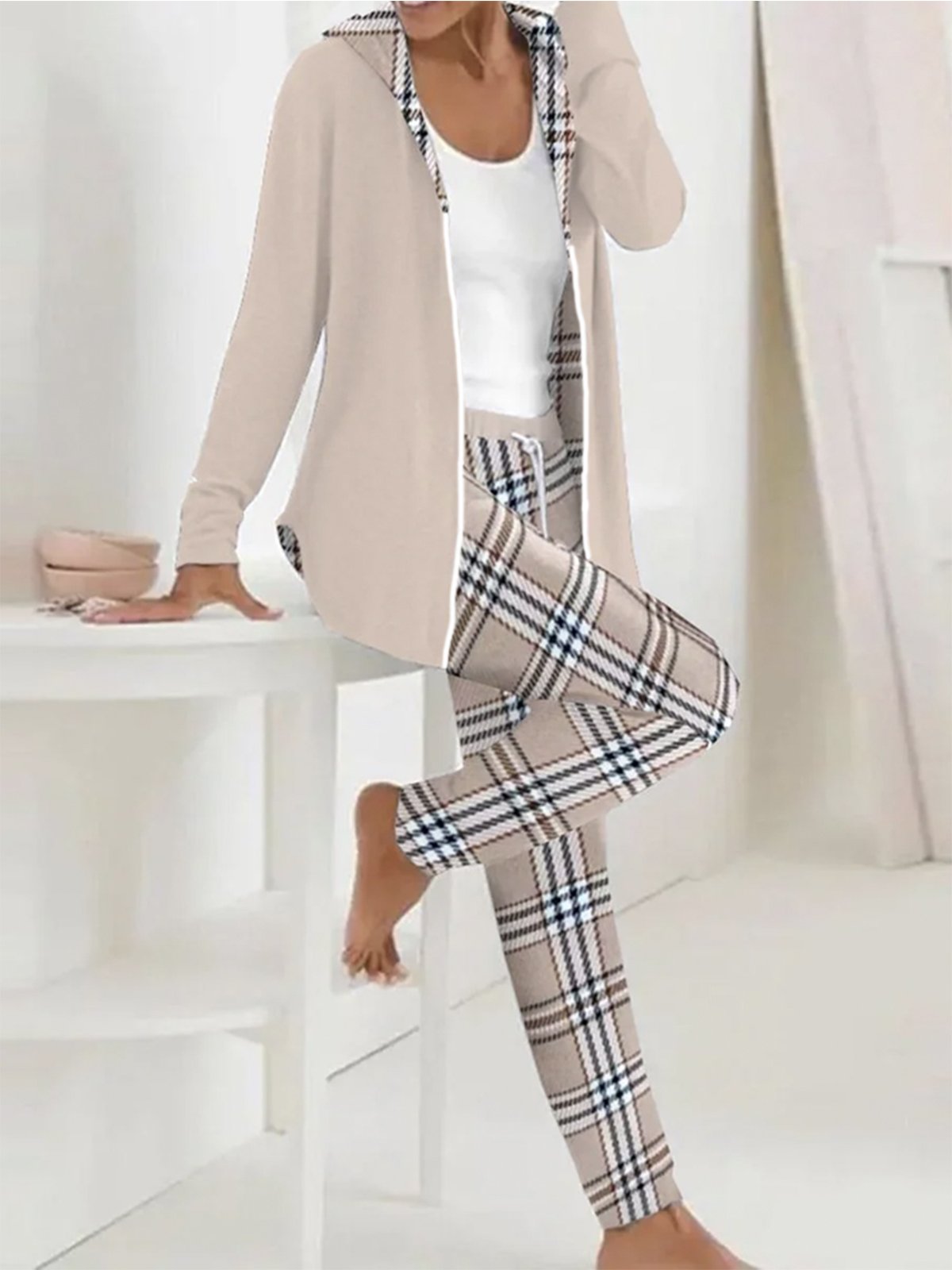 Women's Plaid Daily Going Out Two Piece Set Long Sleeve Casual Spring/Fall Coat With Pants Matching Set