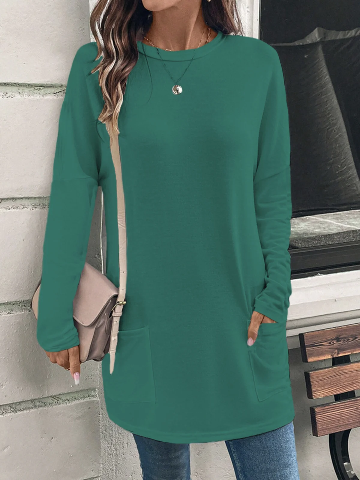 Women's Long Sleeve Blouse Spring/Fall Plain Jersey Crew Neck Daily Going Out Casual Top