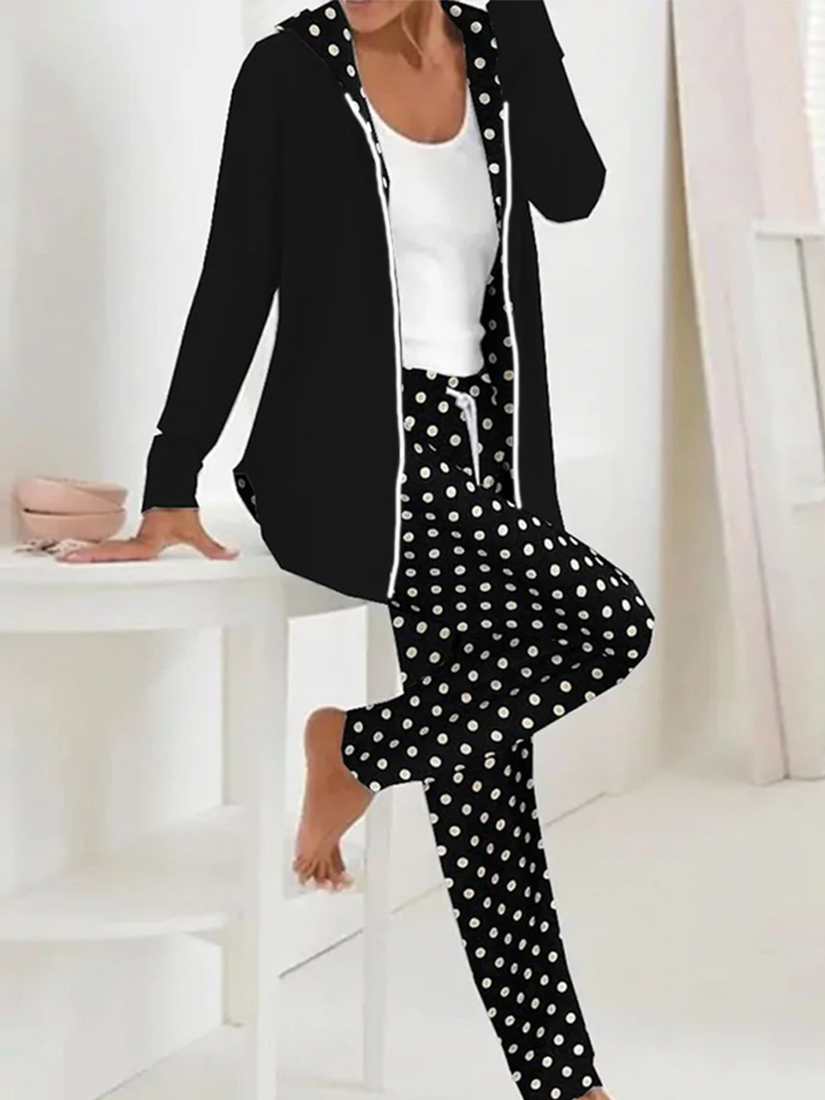 Women's Polka Dots Daily Going Out Two Piece Set Long Sleeve Casual Spring/Fall Coat With Pants Matching Set