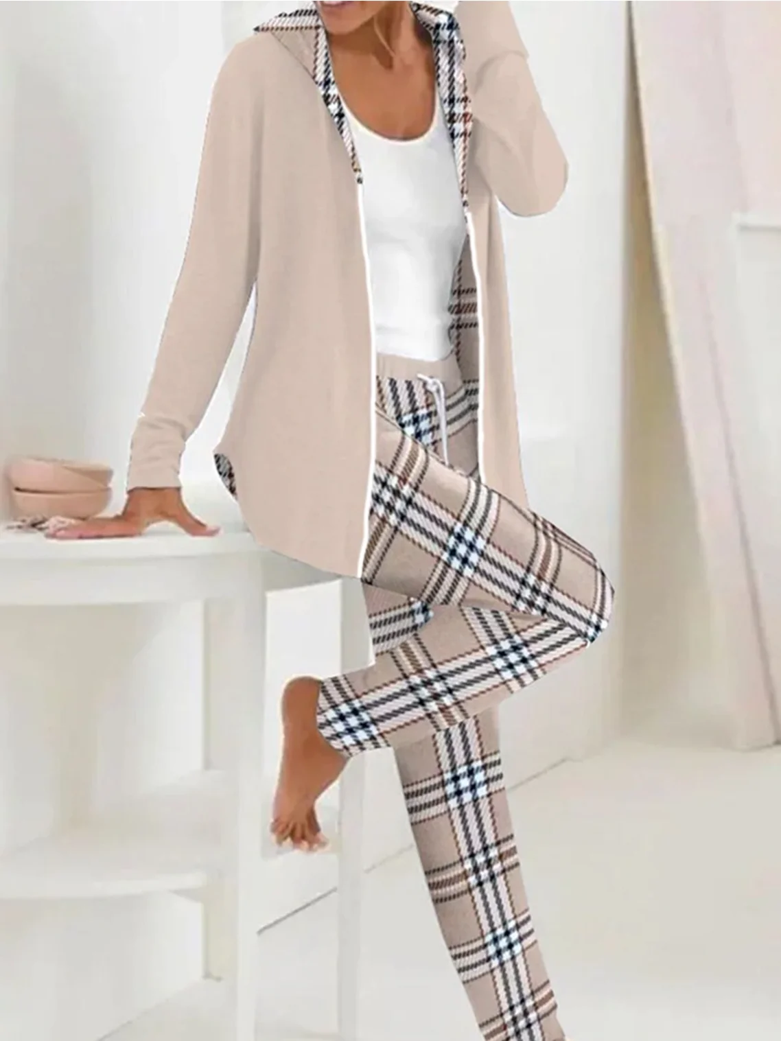 Women's Plaid Daily Going Out Two Piece Set Long Sleeve Casual Spring/Fall Coat With Pants Matching Set