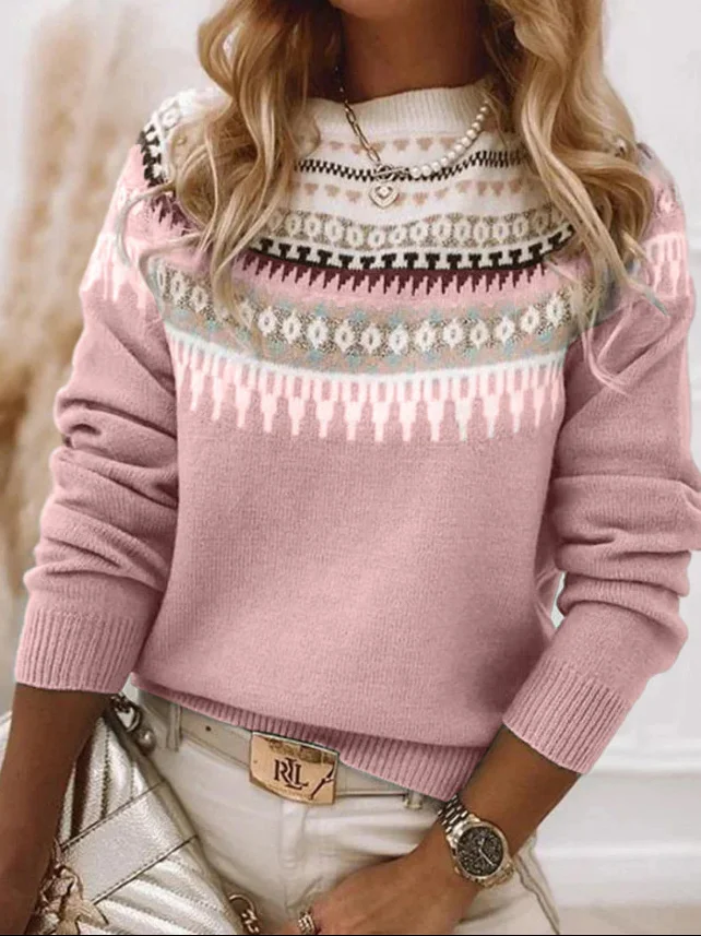 Women's Spring/Fall Ethnic Geometry Casual Long Sleeve Crew Neck Wool/Knitting Sweater