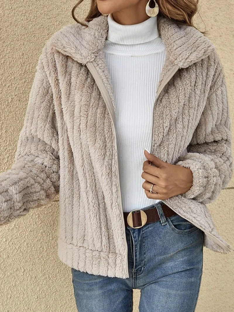 Women's Winter Outerwear Fluff/Granular Fleece Fabric Casual Zipper Plain Long Sleeve Shawl Collar Fleece Coat