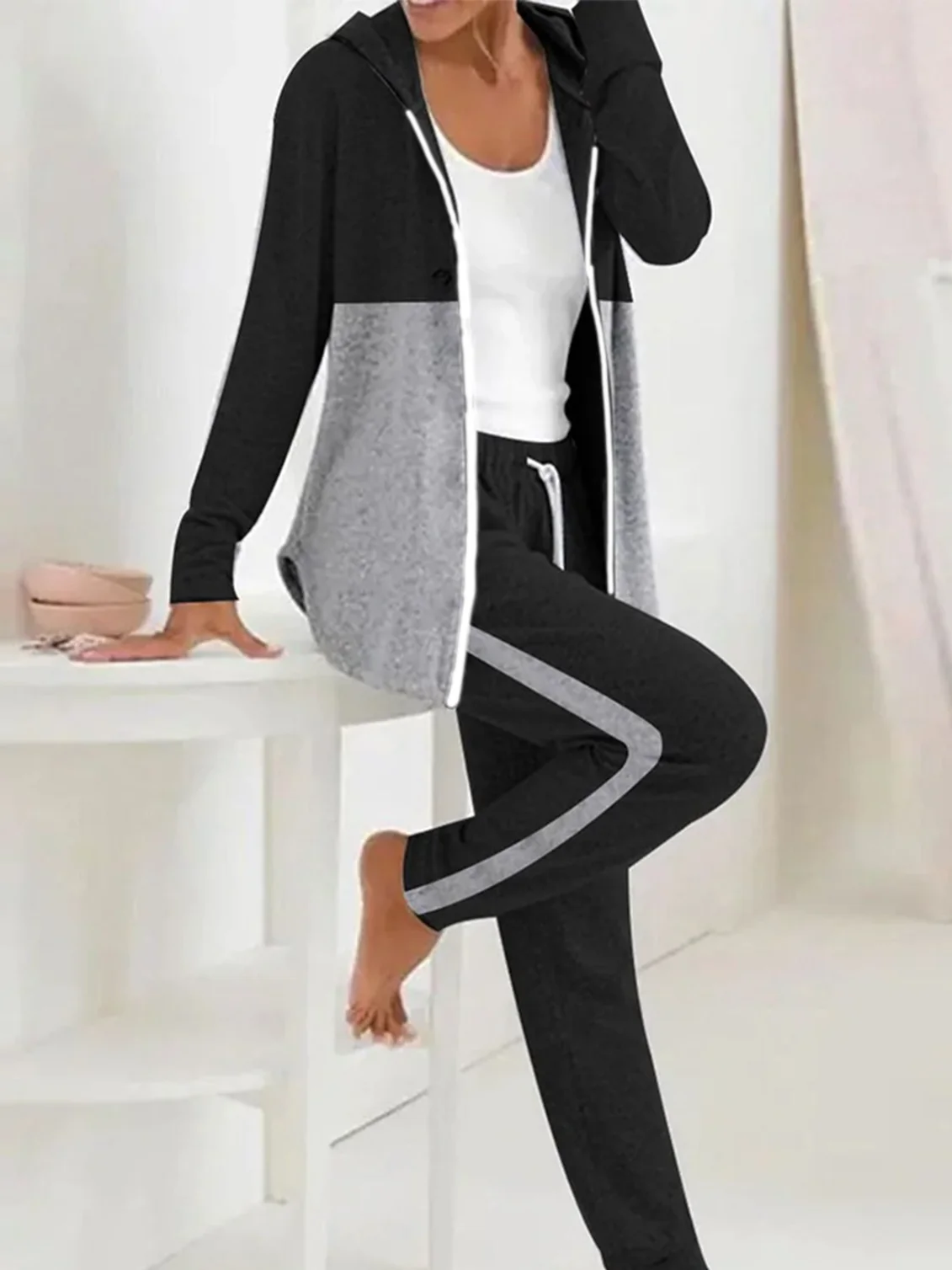 Women's Color Block Daily Going Out Two Piece Set Long Sleeve Casual Spring/Fall Coat With Pants Matching Set