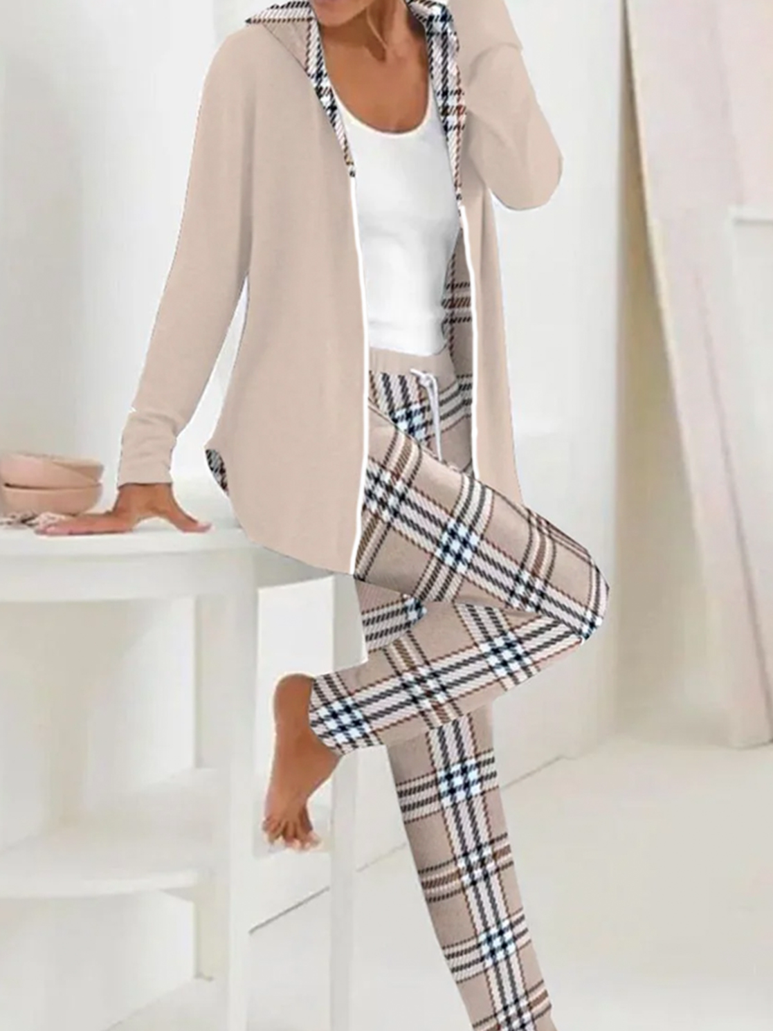 Women's Plaid Daily Going Out Two Piece Set Long Sleeve Casual Spring/Fall Coat With Pants Matching Set