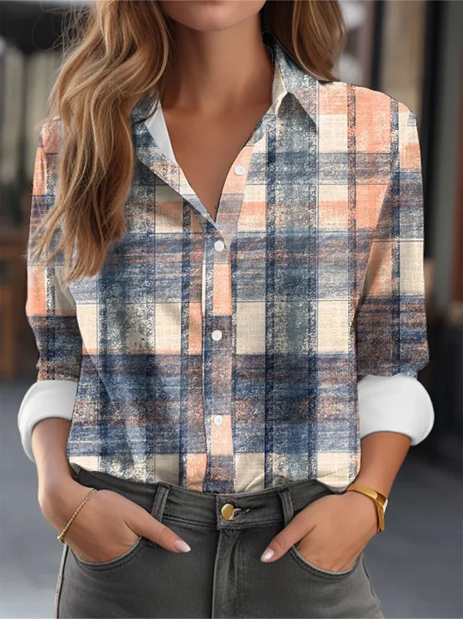 Women's Long Sleeve Shirt Spring/Fall Plaid Printing Shirt Collar Holiday Going Out Vintage Top