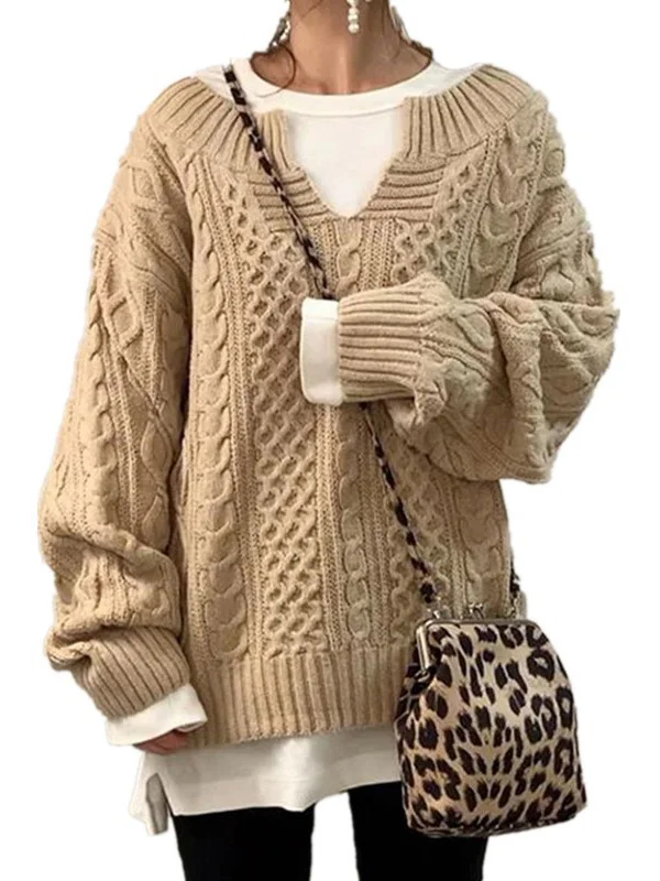 Women's Spring/Fall Plain Casual Long Sleeve Notched Wool/Knitting Sweater