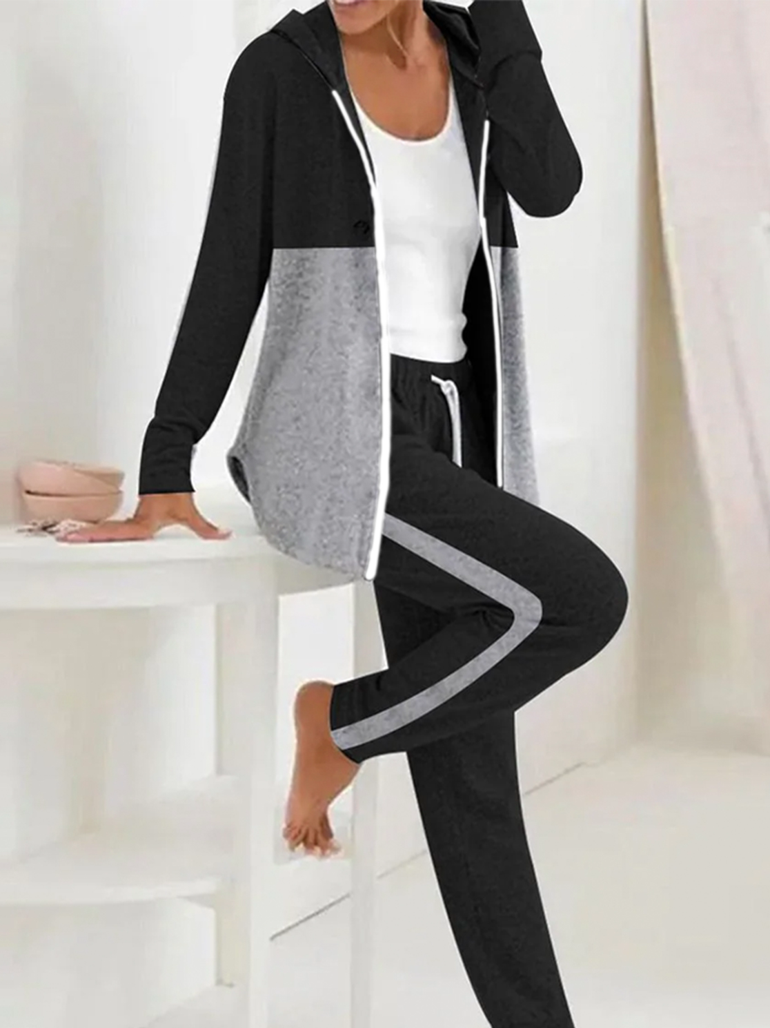 Women's Color Block Daily Going Out Two Piece Set Long Sleeve Casual Spring/Fall Coat With Pants Matching Set