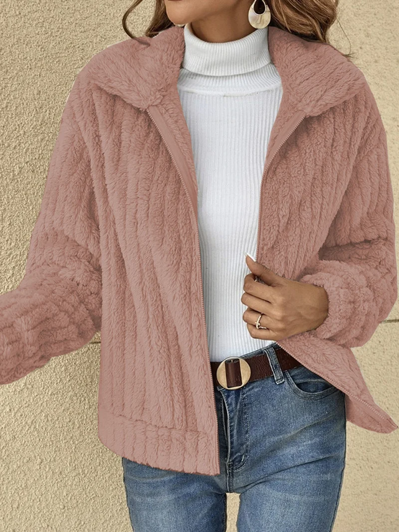 Women's Winter Outerwear Fluff/Granular Fleece Fabric Casual Zipper Plain Long Sleeve Shawl Collar Fleece Coat