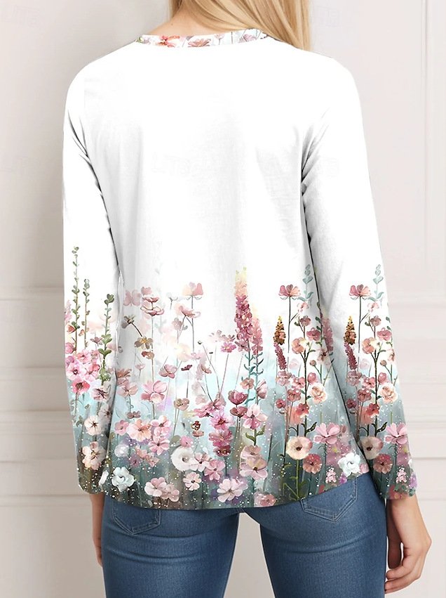 Women's Long Sleeve Blouse Spring/Fall Floral V Neck Daily Going Out Casual Top