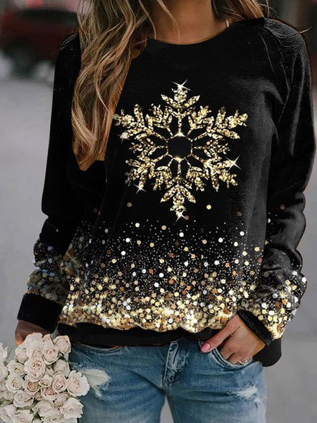 Women's Crew Neck Snowflake Printing Casual Spring/Fall Long Sleeve Sweatshirt