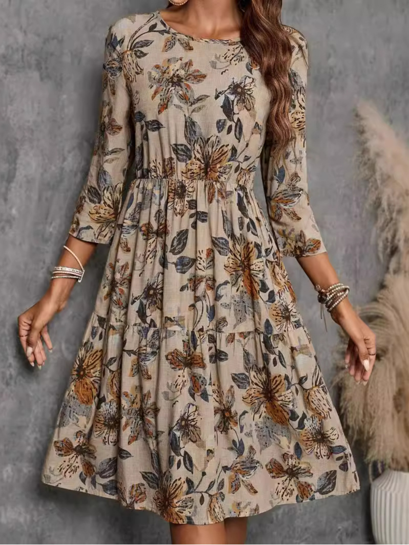 Women's Long Sleeve Spring/Fall Floral Dress Crew Neck Daily Going Out Casual Midi H-Line