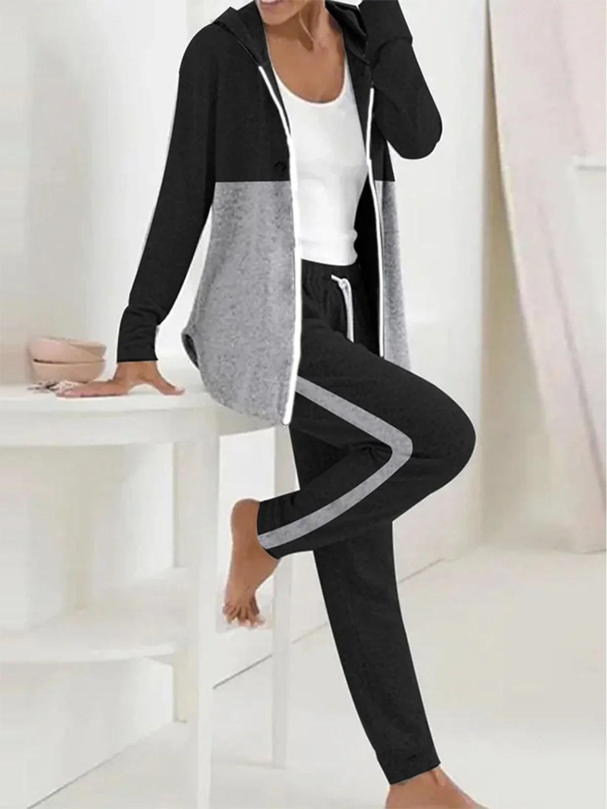 Women's Color Block Daily Going Out Two Piece Set Long Sleeve Casual Spring/Fall Coat With Pants Matching Set