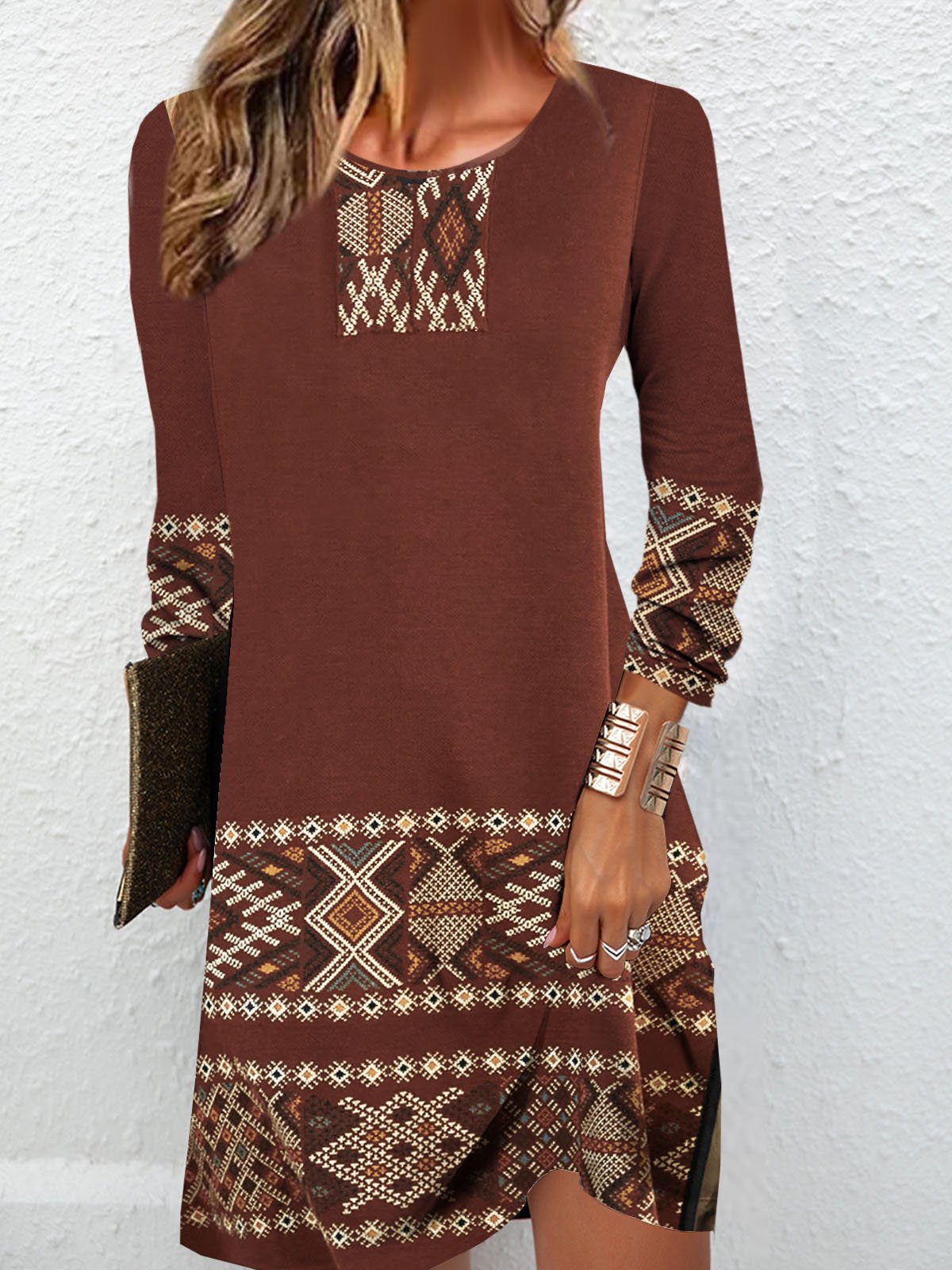 Women's Long Sleeve Spring/Fall Ethnic Jersey Dress Crew Neck Daily Going Out Vintage Mini H-Line T-Shirt Dress